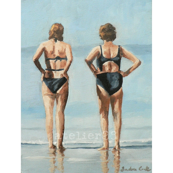 two women wearing swimsuits looking out to sea giclee art print