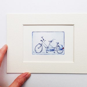 tandem bicycle, small original etching