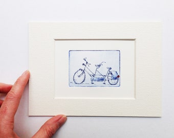 tandem bicycle, small original etching