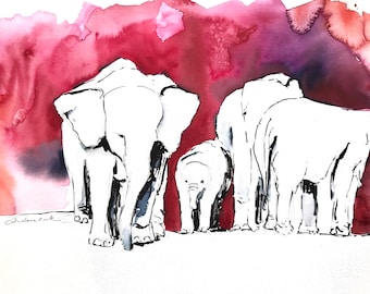 original watercolor painting - elephants