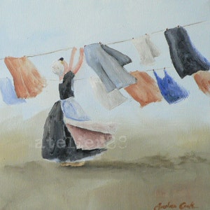 giclee print of a lady hanging the washing up