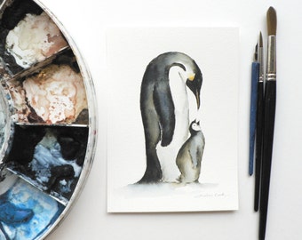 giclee print of an ink and watercolor painting of Emperor Penguins