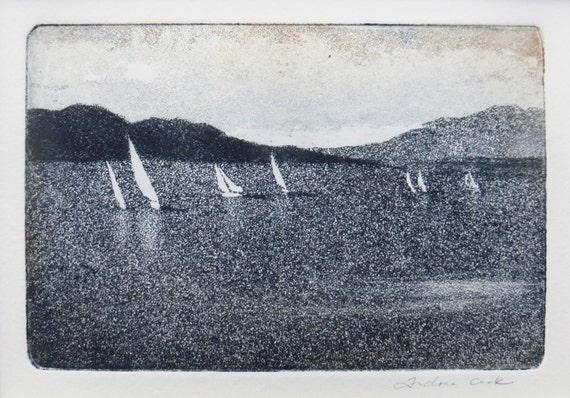 with mat original etching and aquatint of a rowboat