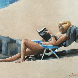 lady reading a book on the beach: 'long story', giclee art print