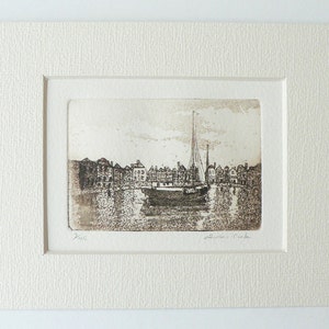 original etching of a harbor town and sailing boat image 2