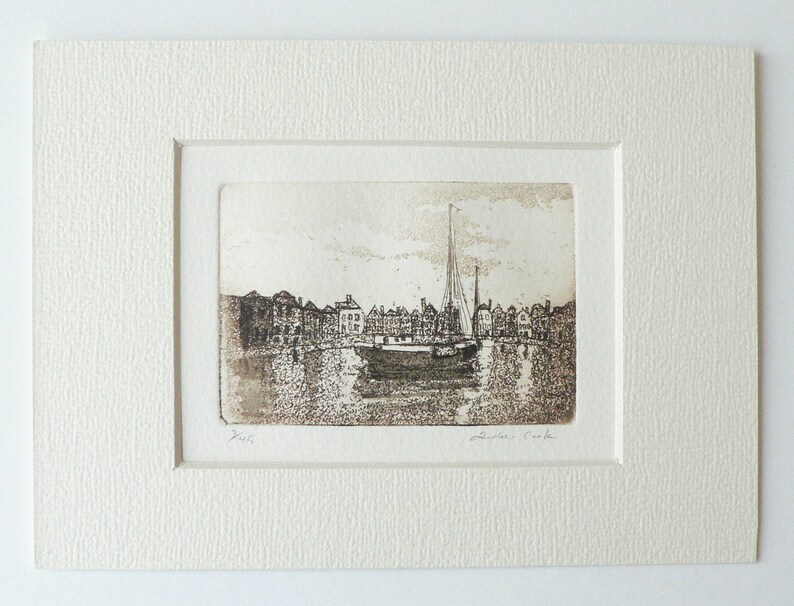 original etching of a harbor town and sailing boat image 2