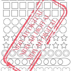 Könnte beinhalten: Ein schwarz-weißer digitaler Stempel mit dem Text "TRY DIGITAL" in einem roten Kreis. Der Stempel befindet sich über einem Blatt Papier mit verschiedenen Formen, darunter Dreiecke, Quadrate, Achtecke, Sterne, Kreise und Herzen.