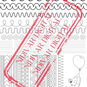 May include: Black and white line art coloring page featuring Winnie the Pooh holding a balloon. The page is decorated with various geometric patterns and borders.