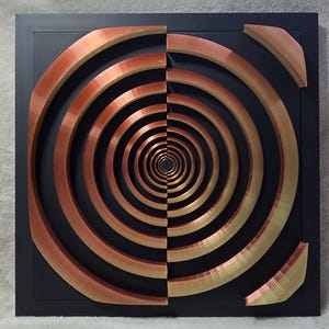 May include: A wall art piece featuring a circular design with concentric rings of copper and gold tones. The rings are arranged in a spiral pattern, creating a sense of depth and movement. The artwork is set against a black background, highlighting the metallic hues.