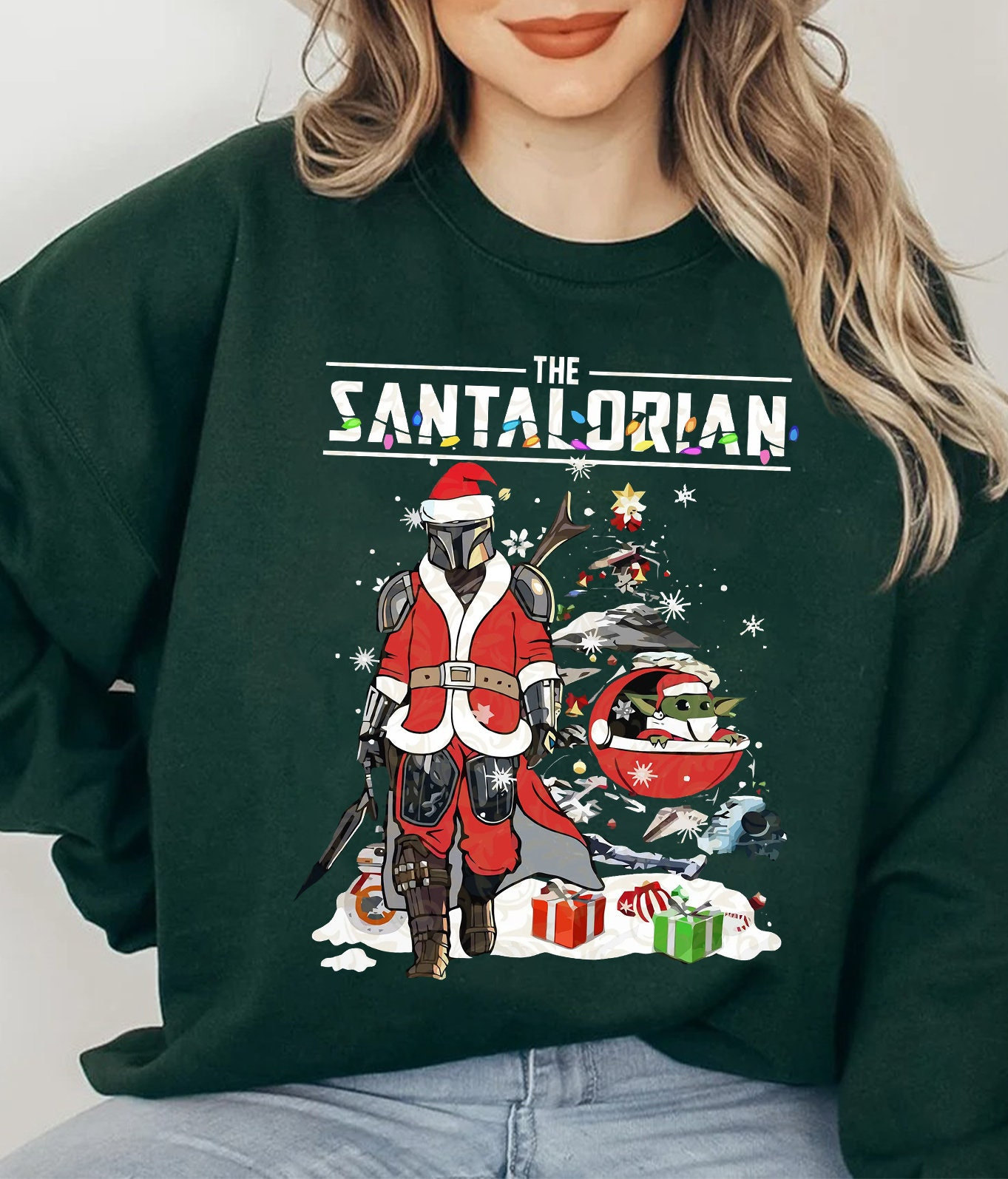 Discover The Santalorian Christmas Sweatshirt, Bobda Fett Yoda Sweatshirt, Disney Star Wars Family Matching Sweatshirt