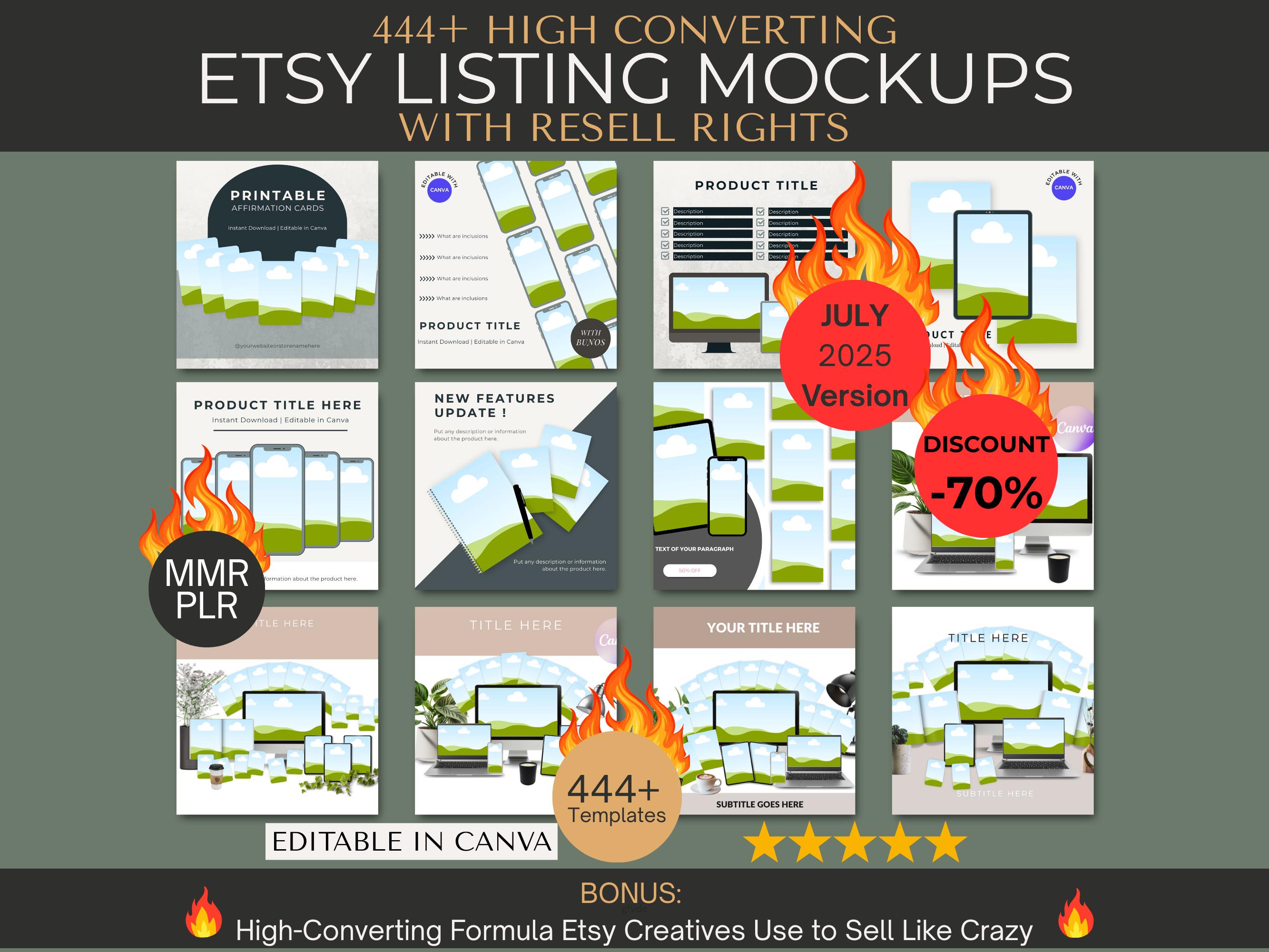 444+ High Converting Canva Templates for Etsy Listings with MRR and PLR, Editable Etsy Mockups, Canva Digital Product Mockup Bundle