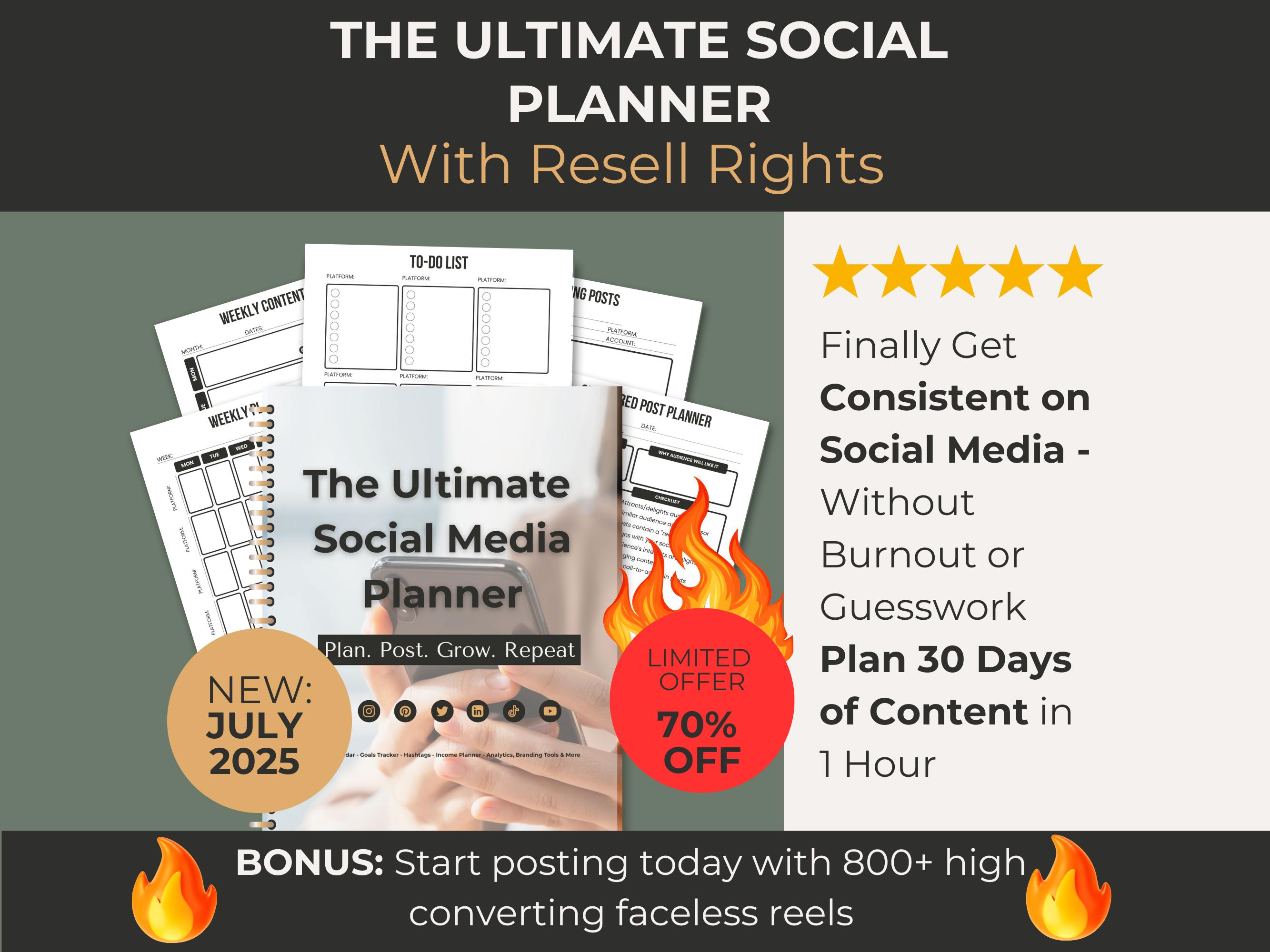 The Ultimate Social Media Planner, 55-page Canva & PDF Content Calendar with PLR and MRR Rights to Sell or Use Personally