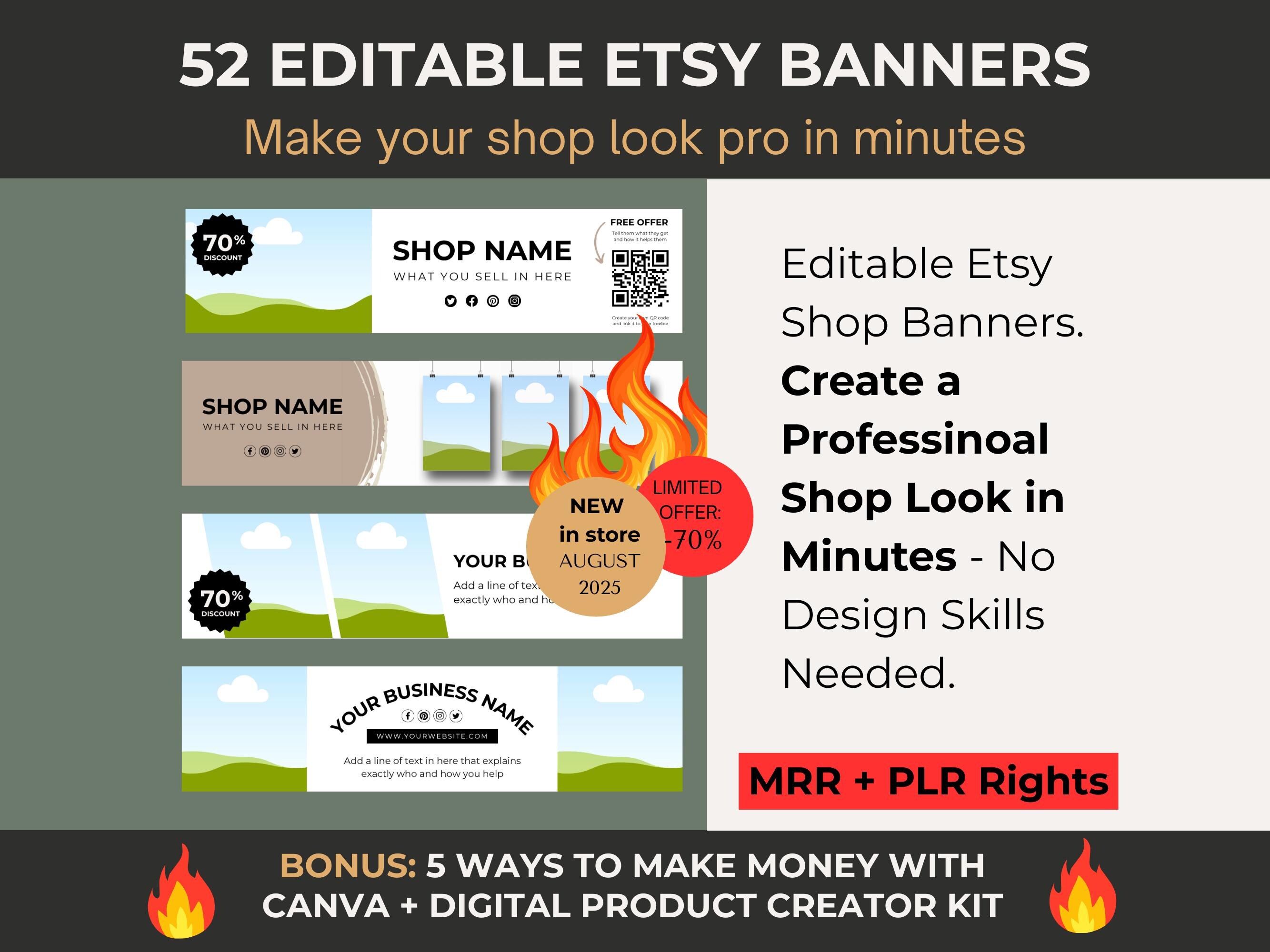 52 Editable Etsy Shop Banner Templates for Canva with PLR MRR – Bold Minimal Modern Designs for Faceless Brands & Digital Sellers