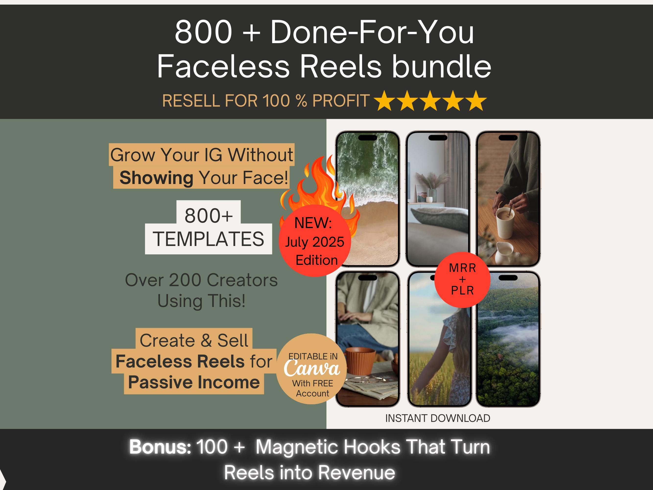 Faceless Reels Canva Templates Bundle | 800+ Editable Viral Video Reels for Instagram & TikTok | PLR MRR Content to Resell