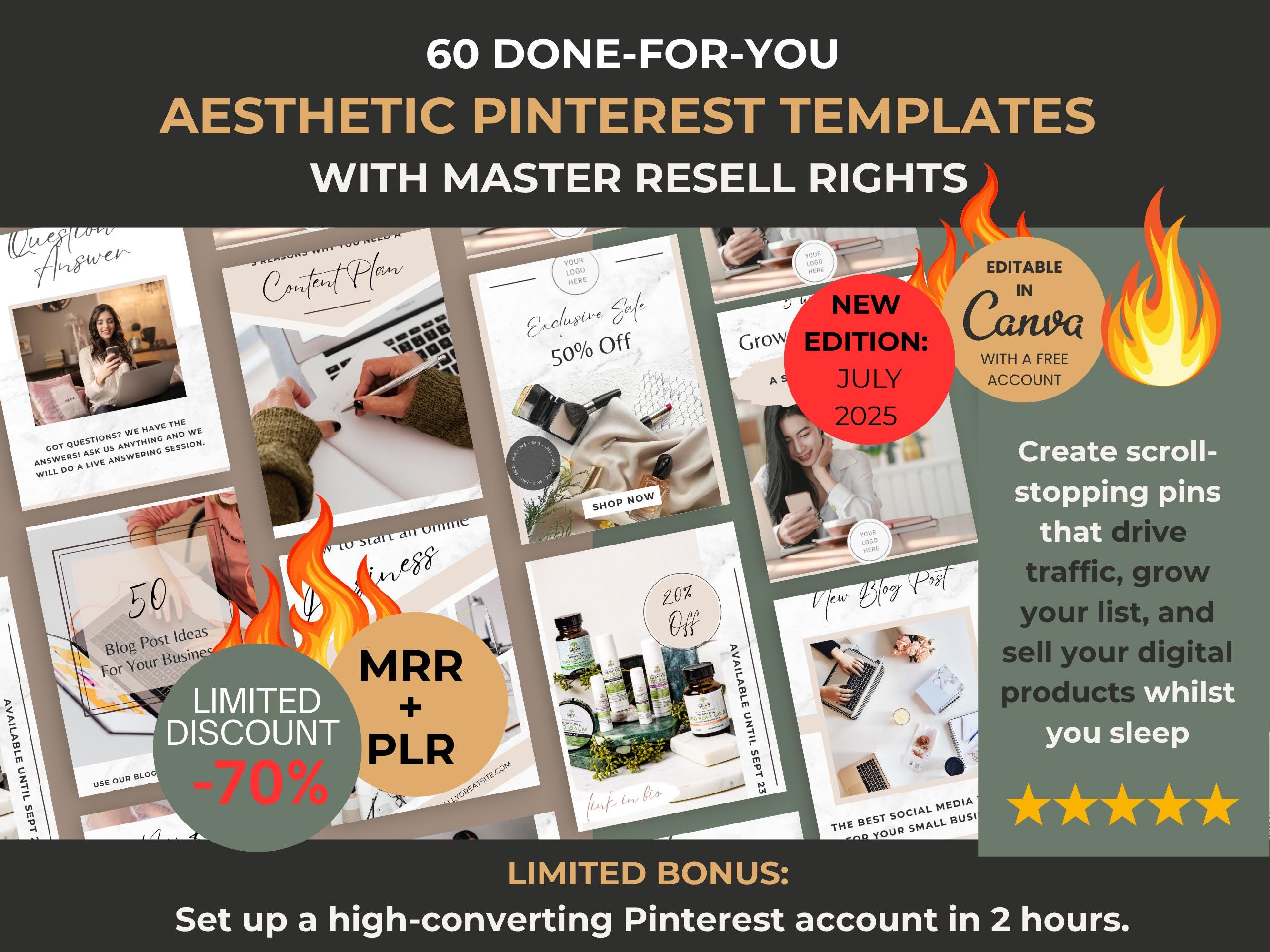 60 Neutral Pinterest Canva Template, Editable Beige Aesthetic Pin Bundle for Bloggers & Coaches, PLR MRR Templates to Resell