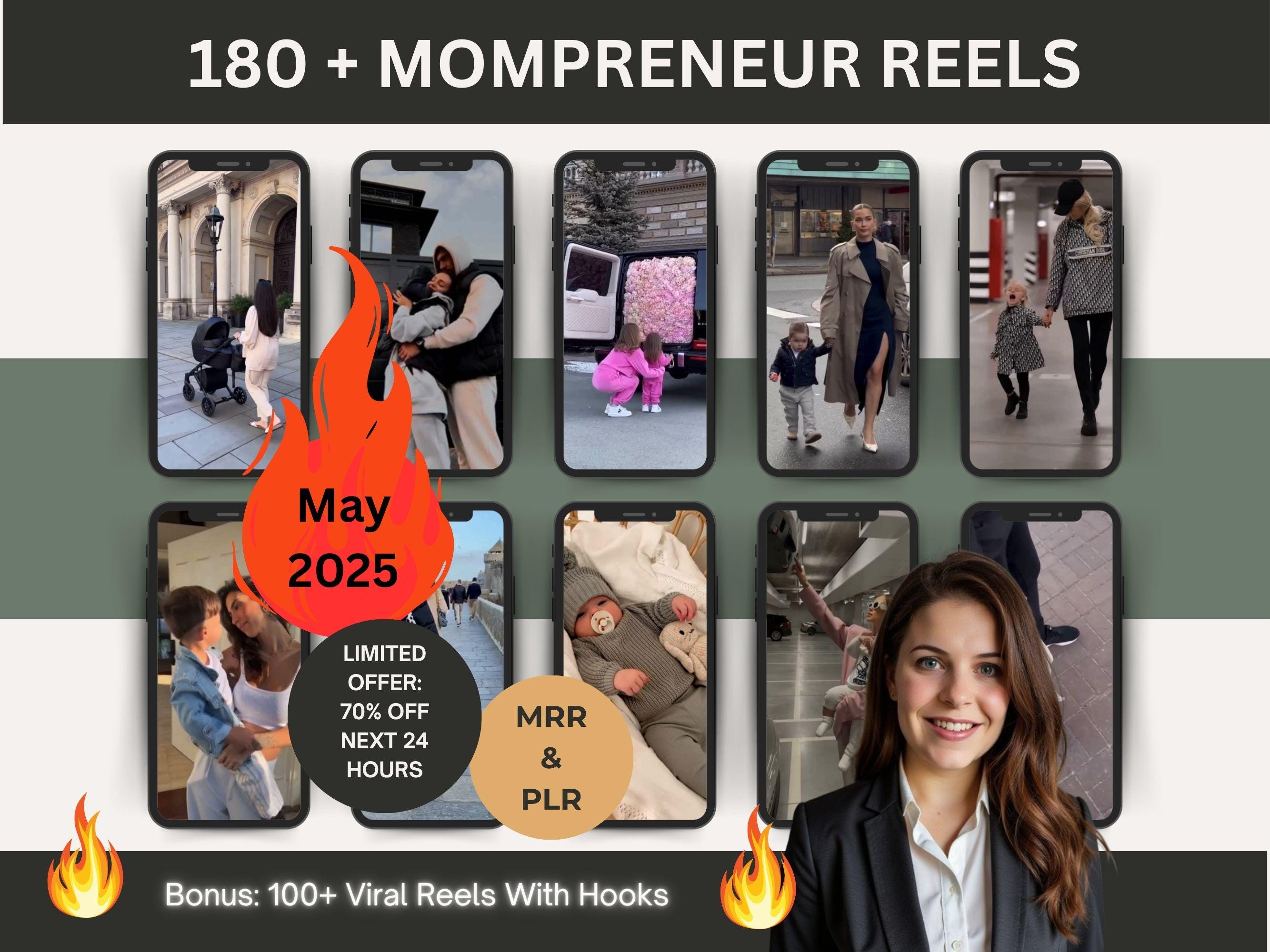 Faceless Instagram Reels for Mompreneurs with MRR, DFY Canva video templates for moms, viral hooks bundle, editable content kit with PLR