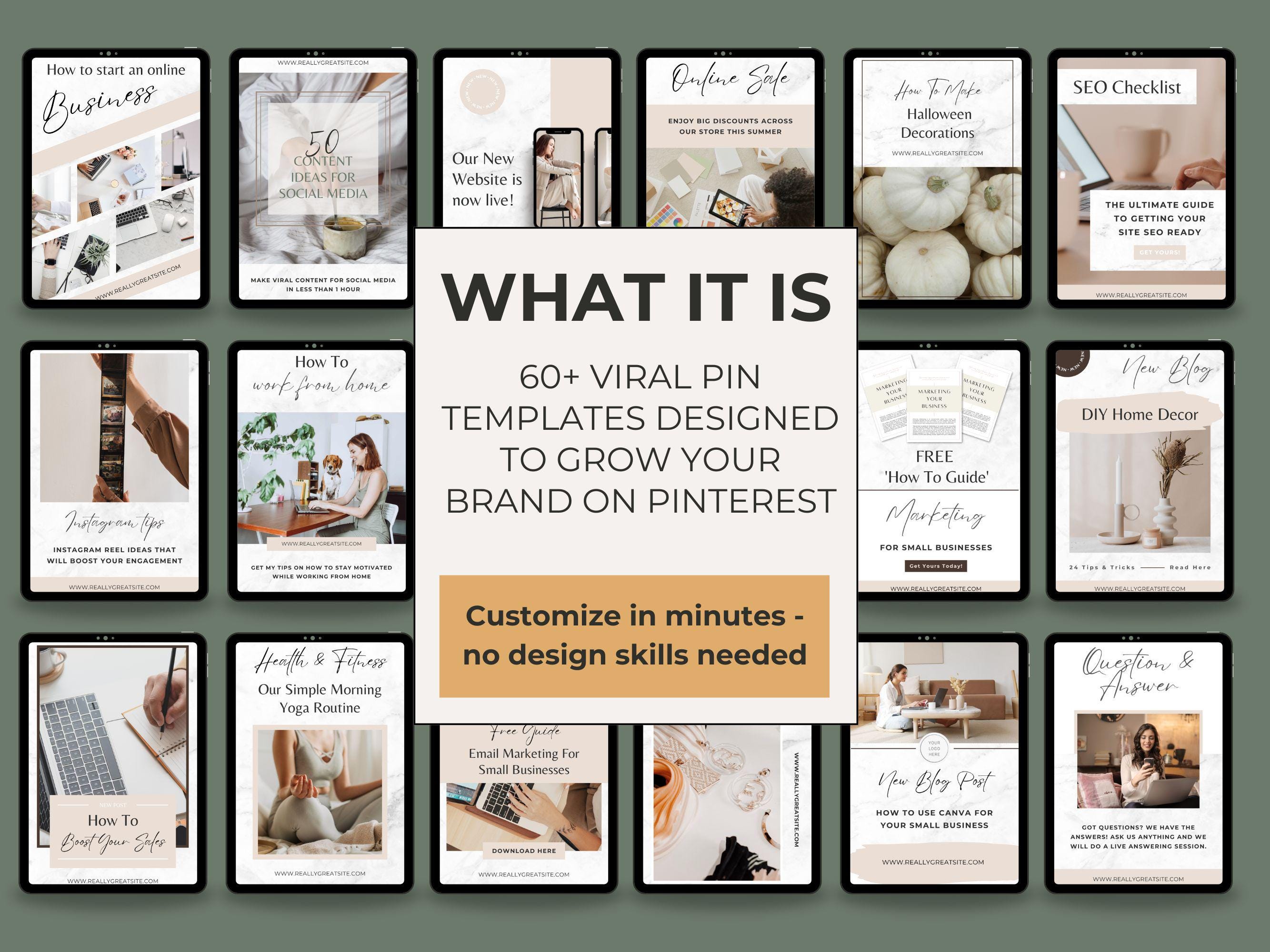 60 Neutral Pinterest Canva Template, Editable Beige Aesthetic Pin Bundle for Bloggers & Coaches, PLR MRR Templates to Resell - Thumbnail 3