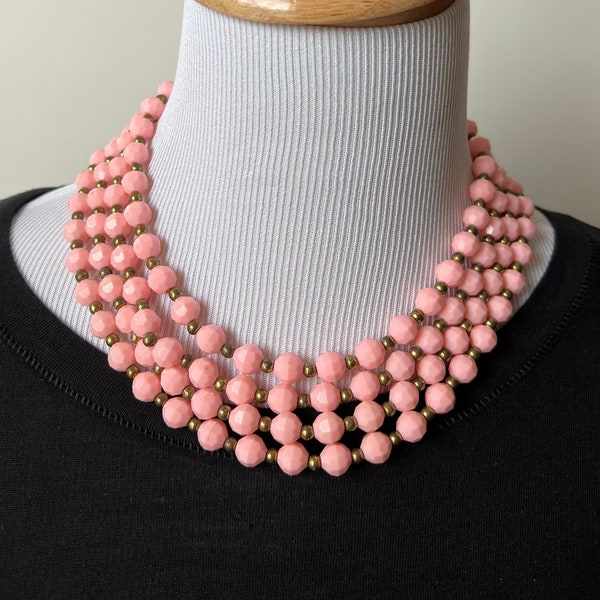 Vintage Coral Pink four strand plastic beaded necklace midcentury style jewelry