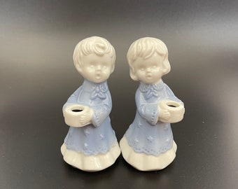 VTG Christmas candlesticks angels Blue and white ceramic porcelain candleholders Made in Japan