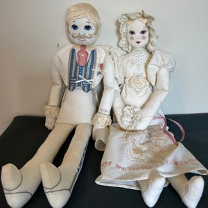 Wedding Bride Groom plushies folk art handmade embroidery 70s