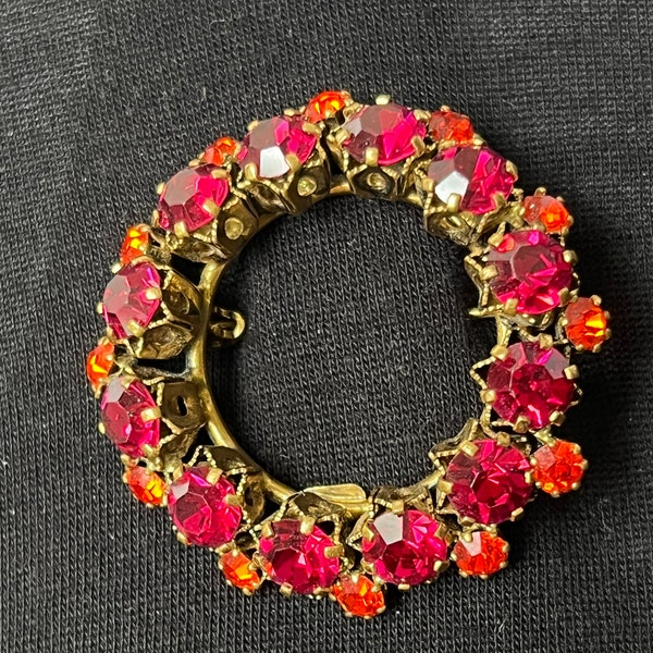 Signed Austrian Crystal Star shaped Circle wreath Brooch Hot Pink Orange pin early 20th c