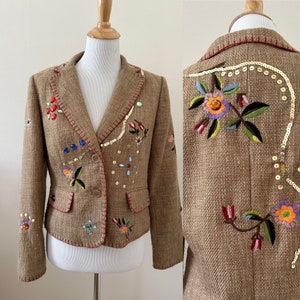 Bedazzled sequined embroidered blazer beaded jacket flare size 8 lined hopsack