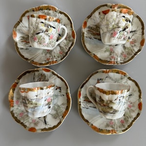 Antique Kutani tea set egg shell porcelain birds cranes Japan floral 4 cups & saucers signed gold AS IS
