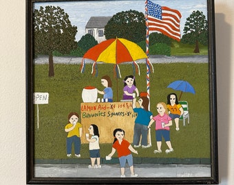 original folk art oil painting signed MaGGiE children lemonade stand 4th of July Americana outsider art excellent