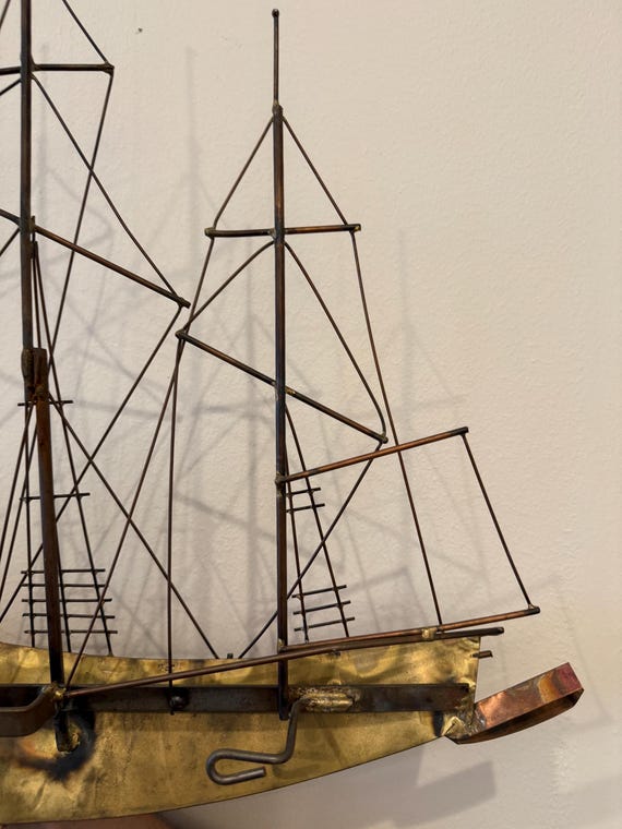 60s-70s 香港ヴィンテージ 銅製ウォールアート 3点セット 孔雀・戦車 Vintage 1960s C Jere Schooner Ship, Harbor Town Copper & Brass