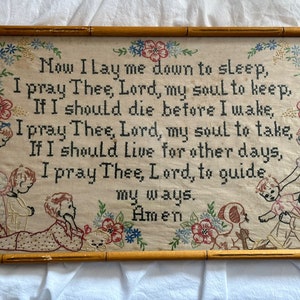 Antique Sampler embroidery Now I Lay Me nursery art beautiful shabby chic framed child room prayer