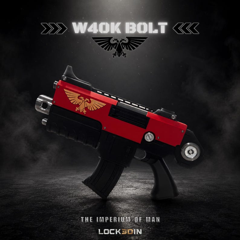 May include: A red and black prop firearm featuring a gold double-headed eagle emblem on the side. The text W40K BOLT appears at the top, with THE IMPERIUM OF MAN and LOCK3DIN printed at the bottom. The design includes a black magazine and grip.