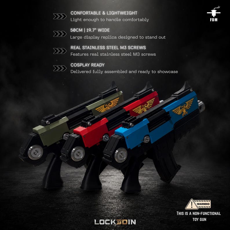 May include: Three non-functional toy gun replicas in olive green, red, and blue, each featuring a gold eagle emblem, black handle, and stainless steel M3 screws. The items measure 50 cm wide and are fully assembled for display purposes.