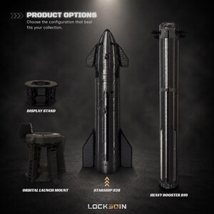 Pu&ograve; includere: Un modello metallico Starship S28, un alto propulsore cilindrico Heavy Booster B10, un espositore nero e una rampa di lancio orbitale. Il testo recita: PRODUCT OPTIONS, Choose the configuration that best fits your collection, DISPLAY STAND, ORBITAL LAUNCH MOUNT, STARSHIP S28, HEAVY BOOSTER B10, LOCK3DIN.