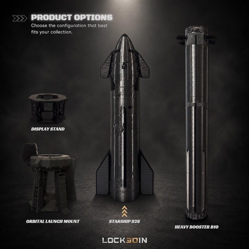 Pu&ograve; includere: Un modello metallico Starship S28, un alto propulsore cilindrico Heavy Booster B10, un espositore nero e una rampa di lancio orbitale. Il testo recita: PRODUCT OPTIONS, Choose the configuration that best fits your collection, DISPLAY STAND, ORBITAL LAUNCH MOUNT, STARSHIP S28, HEAVY BOOSTER B10, LOCK3DIN.