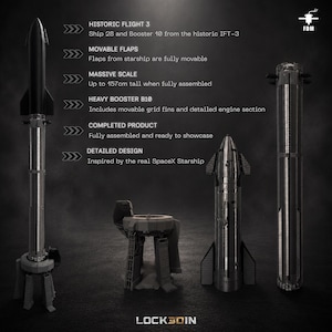 Pu&ograve; includere: Un modello stampato in 3D della navetta SpaceX Starship e del booster Super Heavy, con alette e pinne a griglia mobili. Il set include Ship 28 e Booster 10, alto fino a 157 cm una volta assemblato. Design grigio ricco di dettagli.