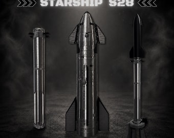 May include: Three metallic rocket models displayed against a dark background. The central model is a Starship S28 with fins, flanked by two cylindrical rocket stages. The text STARSHIP S28 appears at the top, and LOCK3DIN is at the bottom.