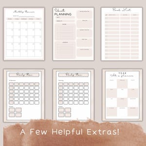 May include: A collection of beige and white printable planner pages. The pages include a monthly planner, unit planning, a book list, daily plans, and a year-at-a-glance calendar. The text "A Few Helpful Extras!" is at the bottom.