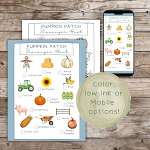 May include: A blue-bordered Pumpkin Patch Scavenger Hunt printable with watercolor illustrations of farm elements. Includes a smartphone displaying the hunt and a watercolor circle with text: "Color, low ink or Mobile options!"