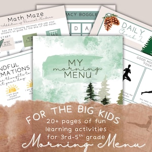 May include: A collection of printable educational worksheets for 3rd-5th grade students. The worksheets include math mazes, daily check-ins, and mindfulness activities. The design features watercolor elements and the text "My Morning Menu".