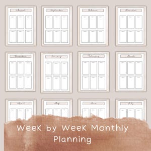 May include: A collection of twelve monthly planner pages, each with a week-by-week layout. The months are displayed from August to July. The text "Week by Week Monthly Planning" is at the bottom. The pages have a neutral color scheme.