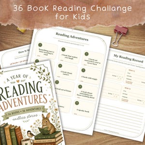 May include: A 36 book reading challenge for kids featuring a printed cover with a rabbit reading a book, floral illustrations, and the text A Year of Reading Adventures. Includes interior pages with reading prompts and a record log for book titles.