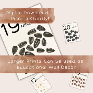 Puede incluir: Impresiones digitales descargables con los n&uacute;meros 17, 18, 19 y 20. Cada impresi&oacute;n tiene un dise&ntilde;o &uacute;nico: estrellas, bellotas, semillas de girasol y moras. Las impresiones est&aacute;n dise&ntilde;adas para la decoraci&oacute;n mural educativa.