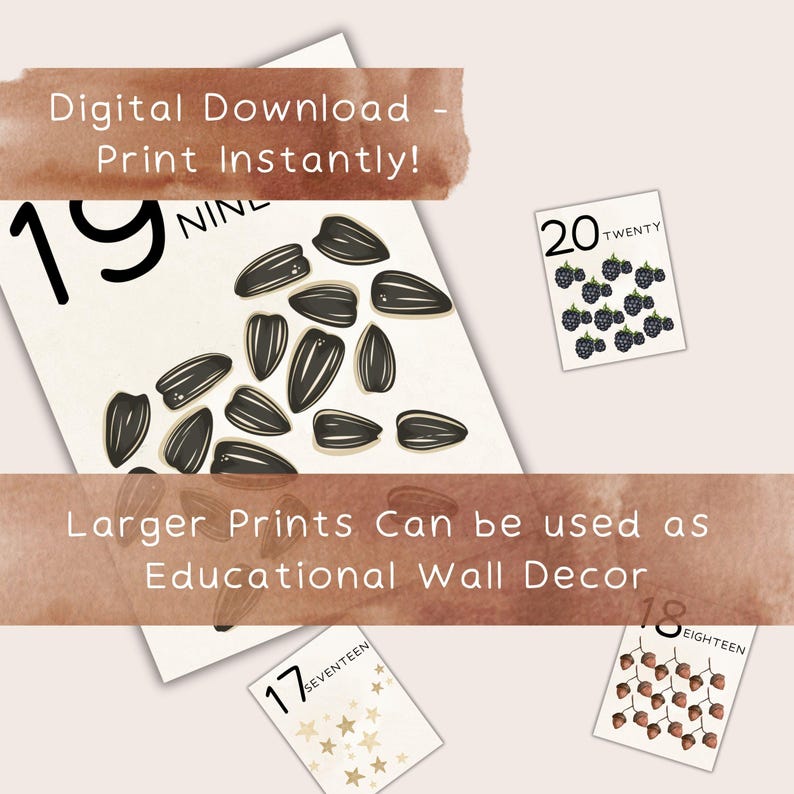Puede incluir: Impresiones digitales descargables con los n&uacute;meros 17, 18, 19 y 20. Cada impresi&oacute;n tiene un dise&ntilde;o &uacute;nico: estrellas, bellotas, semillas de girasol y moras. Las impresiones est&aacute;n dise&ntilde;adas para la decoraci&oacute;n mural educativa.