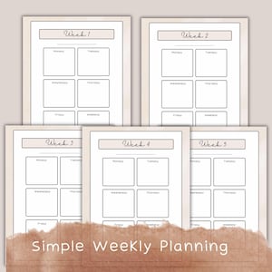 May include: A set of five weekly planner pages with a neutral color scheme. Each page is divided into sections for each day of the week, with the text "Week" and the days of the week labeled. The phrase "Simple Weekly Planning" is at the bottom.