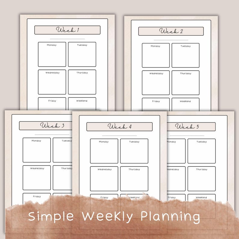 May include: A set of five weekly planner pages with a neutral color scheme. Each page is divided into sections for each day of the week, with the text "Week" and the days of the week labeled. The phrase "Simple Weekly Planning" is at the bottom.