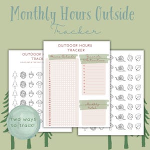 Può includere: Tre pagine stampabili per il monitoraggio delle attività all'aperto. Le pagine includono un tracker delle ore mensili, un elenco delle attività preferite e illustrazioni di foglie, scoiattoli e lumache. Il testo "Monthly Hours Outside Tracker" è in alto.