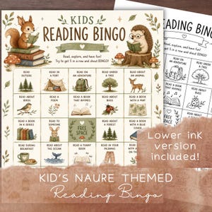 May include: A Kids Reading Bingo game sheet featuring illustrations of a squirrel and a hedgehog reading books. The grid contains twenty-five squares with reading prompts, including a free space, surrounded by forest-themed botanical accents.