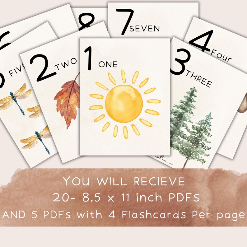 Puede incluir: Un conjunto de tarjetas did&aacute;cticas con ilustraciones en acuarela de un sol, una hoja, un &aacute;rbol y lib&eacute;lulas. Cada tarjeta muestra un n&uacute;mero del uno al siete, con el n&uacute;mero escrito en ingl&eacute;s. Tambi&eacute;n se ve el texto "YOU WILL RECIEVE 20- 8.5 x 11 inch PDFS".