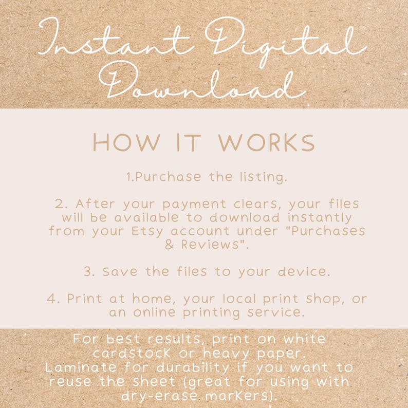 Puede incluir: Fondo beige con el texto "Instant Digital Download" en fuente cursiva. Debajo, se muestra el texto "HOW IT WORKS", seguido de instrucciones numeradas sobre c&oacute;mo descargar e imprimir el archivo digital.