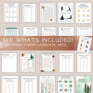 May include: A collection of educational printable pages, including compound words, word puzzles, yoga poses, affirmations, and math problems. The pages are designed with a neutral color palette and feature various activities for learning and fun. The text "SEE WHATS INCLUDED! 20 PAGES + SIGN LANGUAGE ABCS" is visible.